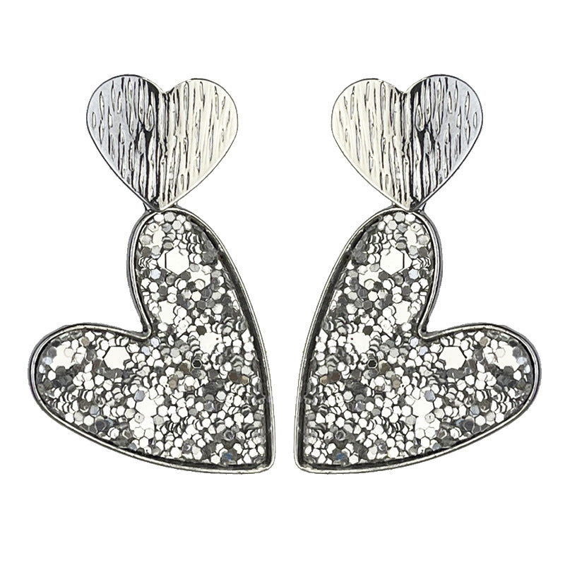 Wholesale 2pcs Valentine's Day Double Heart Symmetrical Multicolor Shiny Atmosphere Leather Metal Earrings